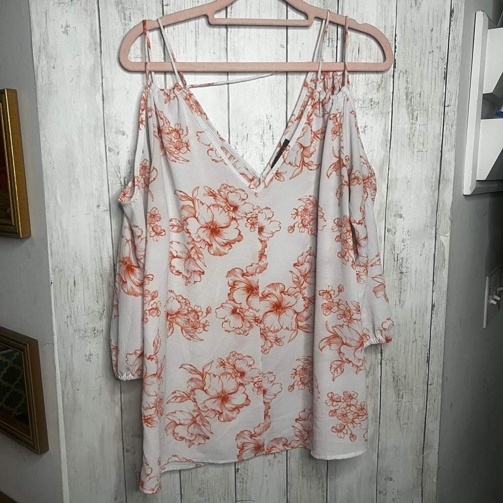 Orange floral print lightweight blouse with cold shoulder and 3/4 sleeves